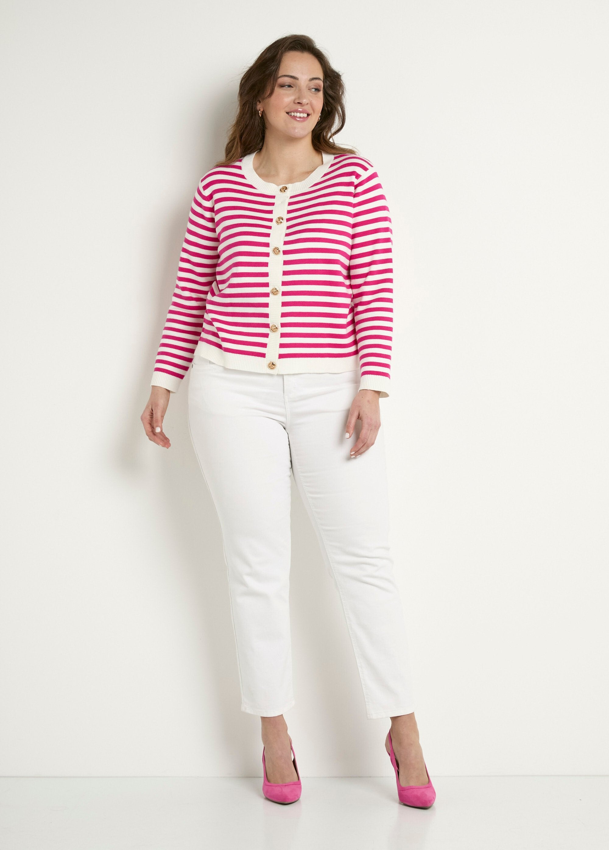 Striped_round_neck_buttoned_short_cardigan_vest_Fuchsia_stripe_SF1_curvy