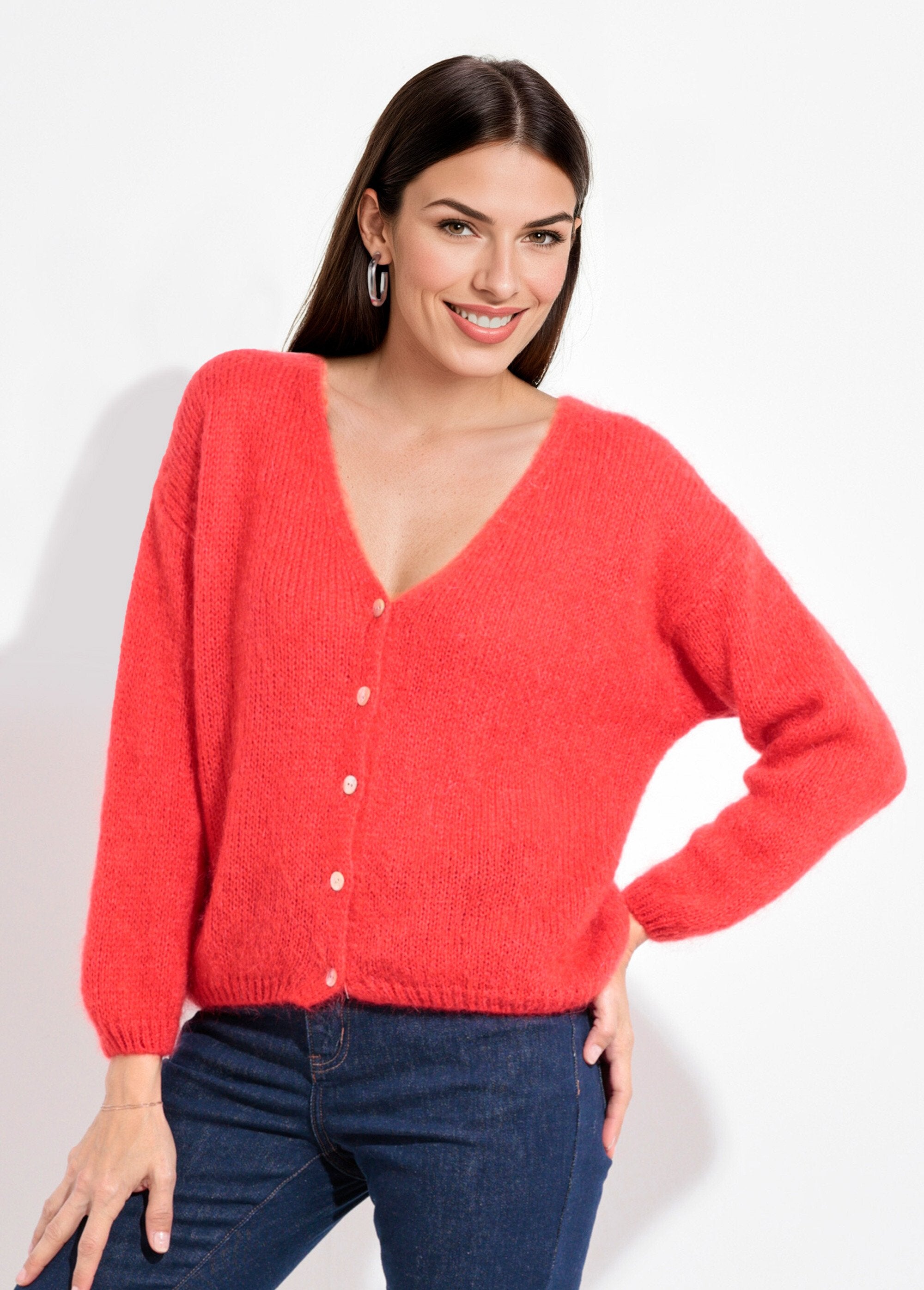 Warm,_soft_mohair_knit_V-neck_cardigan_Coral_red_FA1_slim
