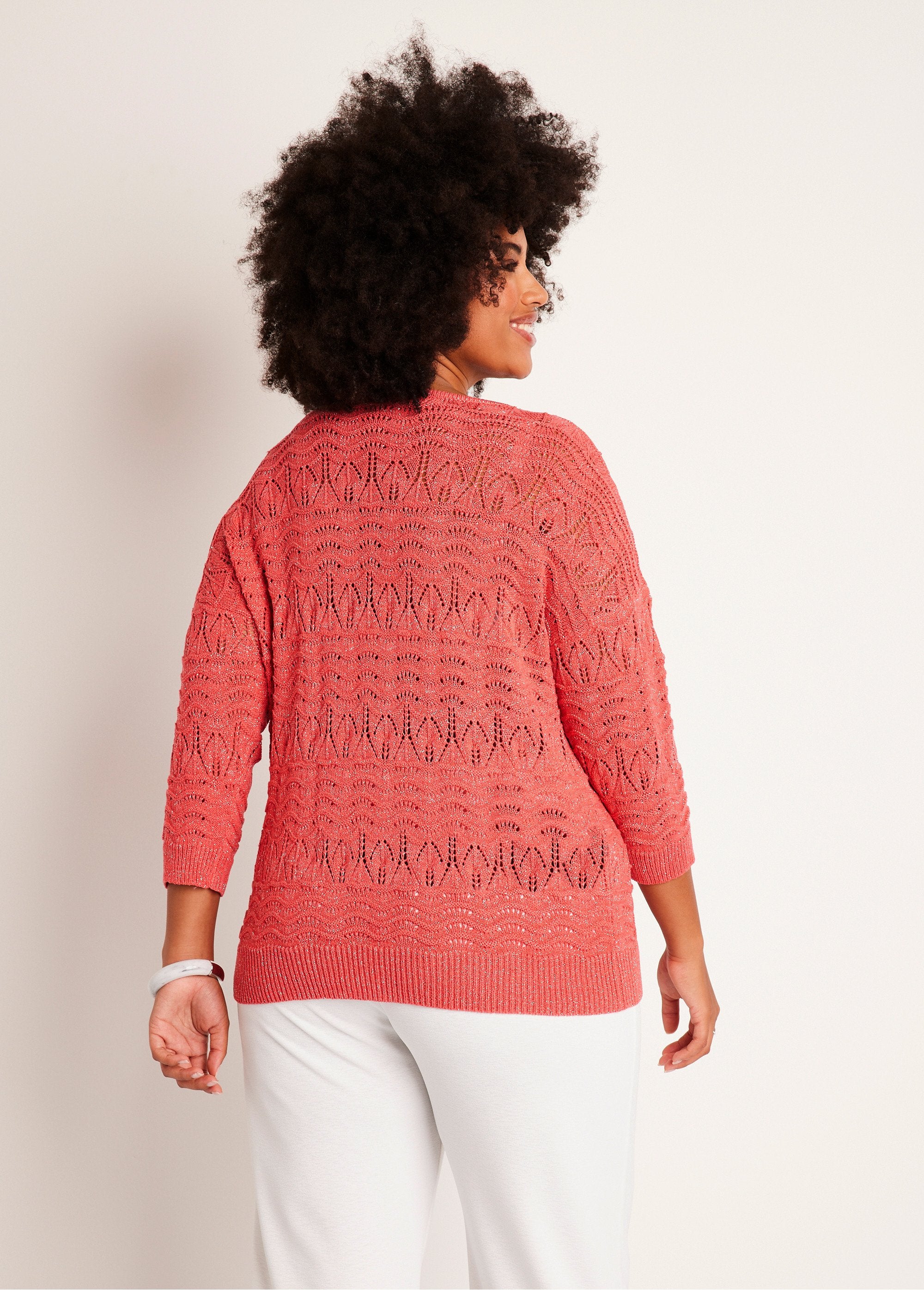 3/4_sleeve_openwork_pattern_V-neck_sweater_Coral_DO1_curvy