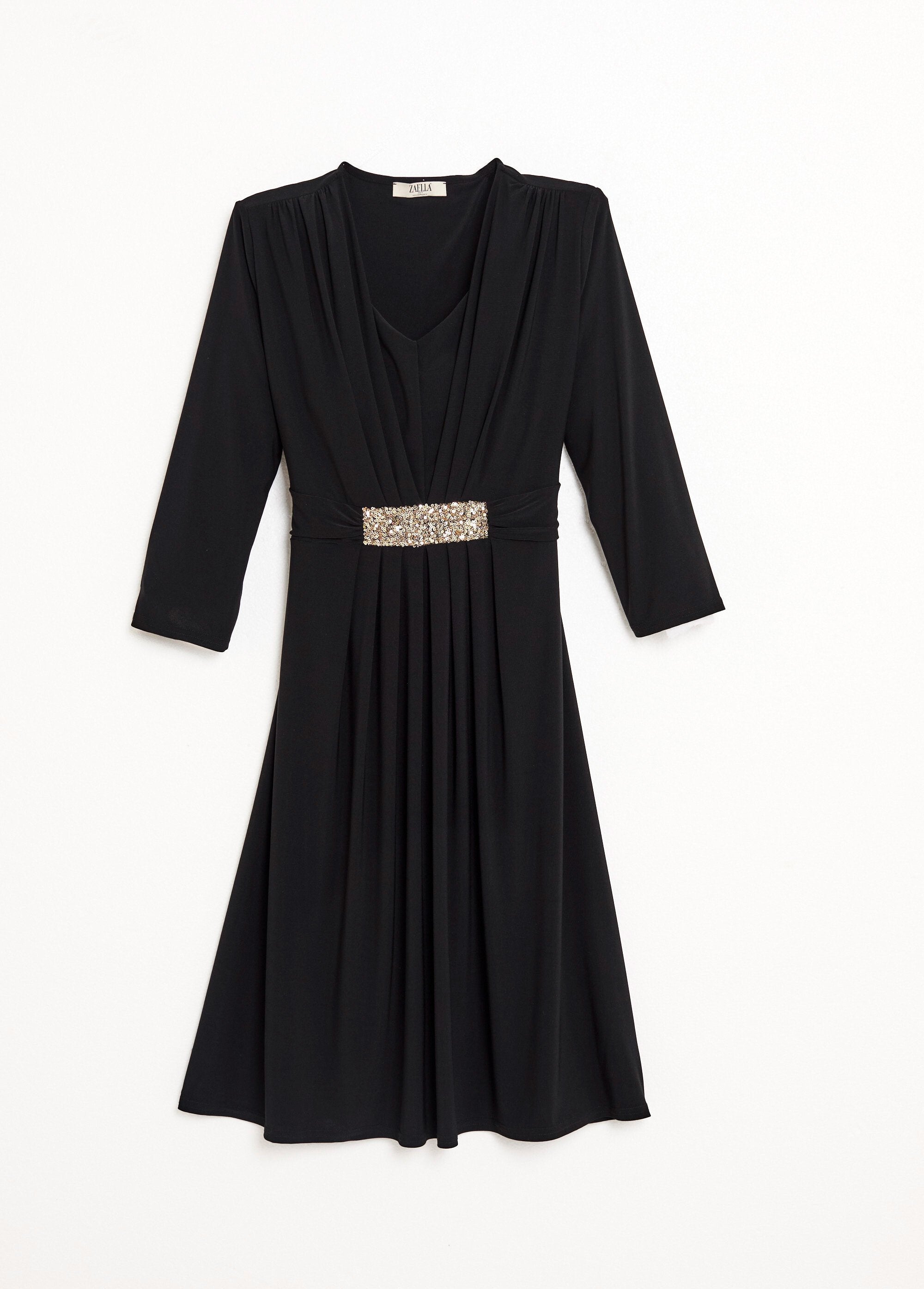 Short_V-neck_dress_with_draped_effect_and_jeweled_belt_Black_AP1_slim
