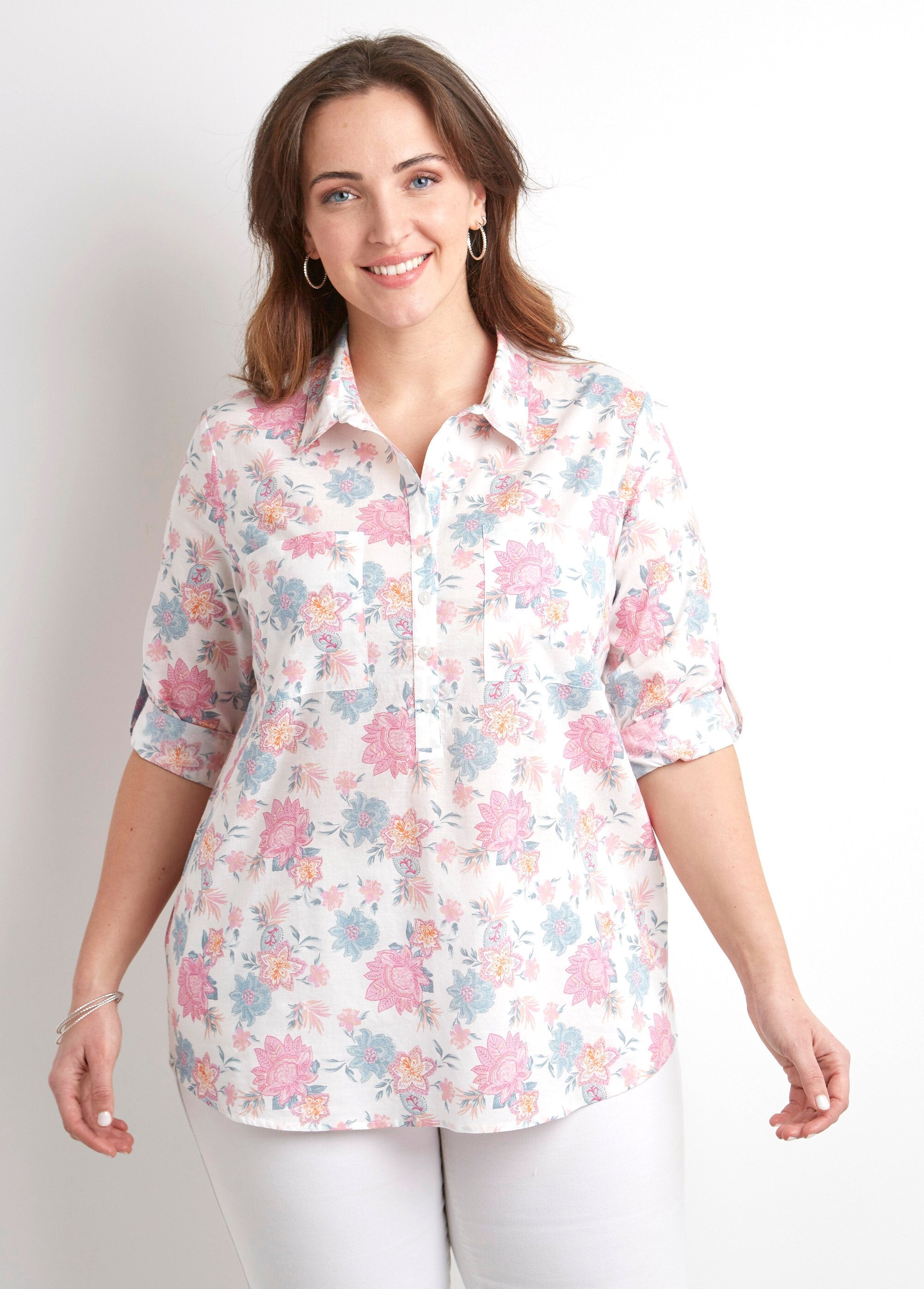 Long_button-down_cotton_blouse_with_floral_print_Pink_print_FA1_curvy