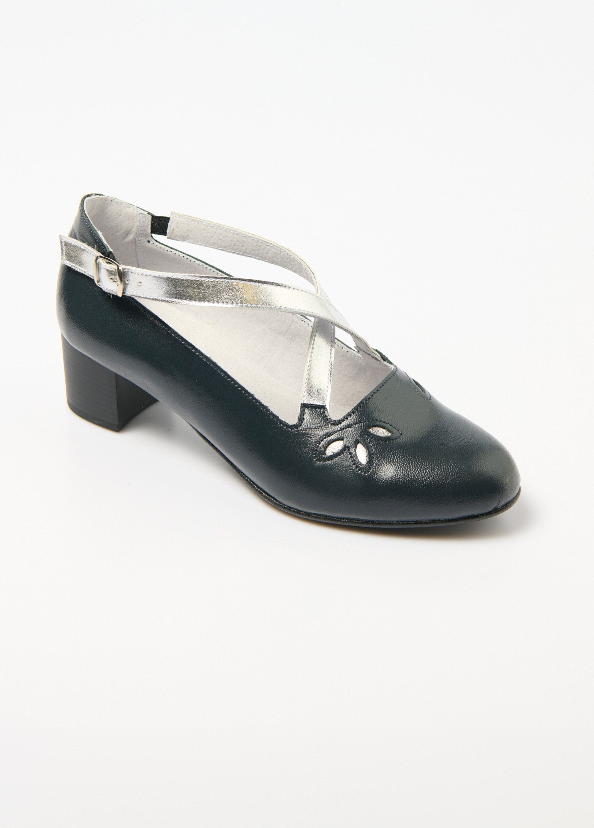 Comfort_width_leather_cross_strap_pumps_Navy_and_silver_FA1_slim