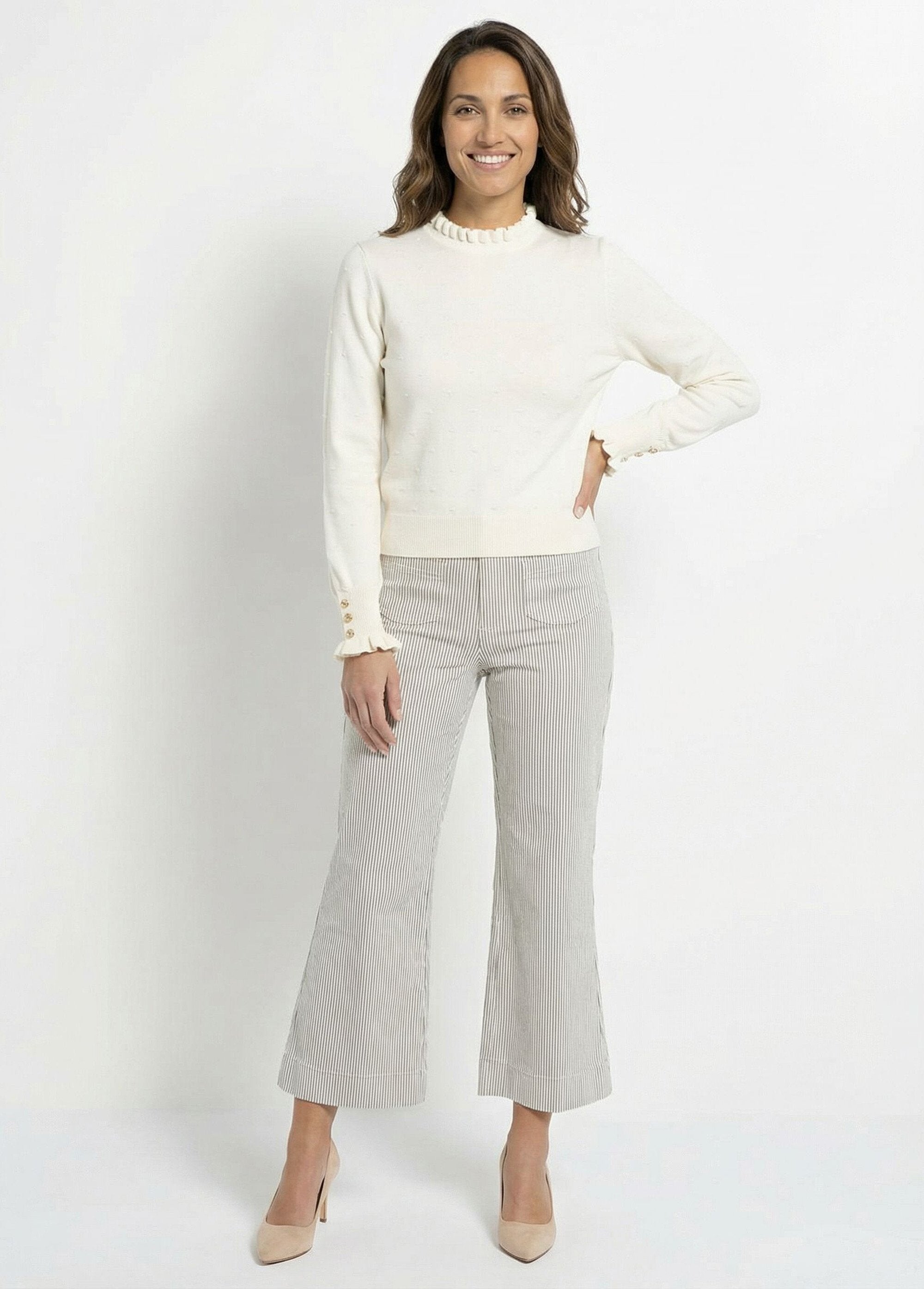 High-neck_pleated_sweater_with_dotted_Swiss_knit_Beige_SF1_slim