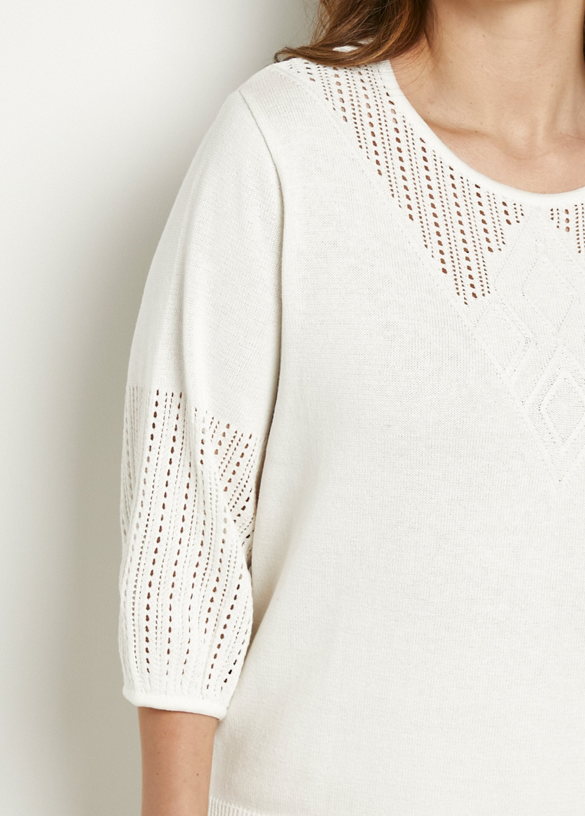 Soft_openwork_cotton_sweater_with_3/4_sleeves_and_round_neck_Ecru_DE1_curvy