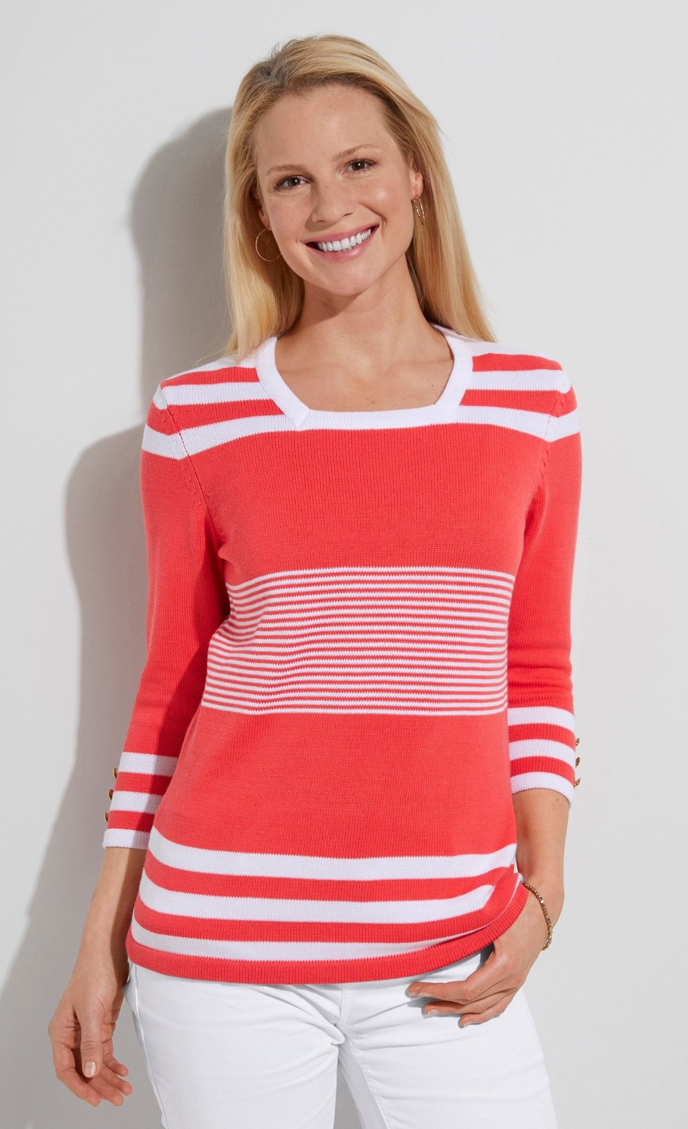 Striped_cotton_3/4_sleeve_sweater_Coral_and_white_FA1_slim