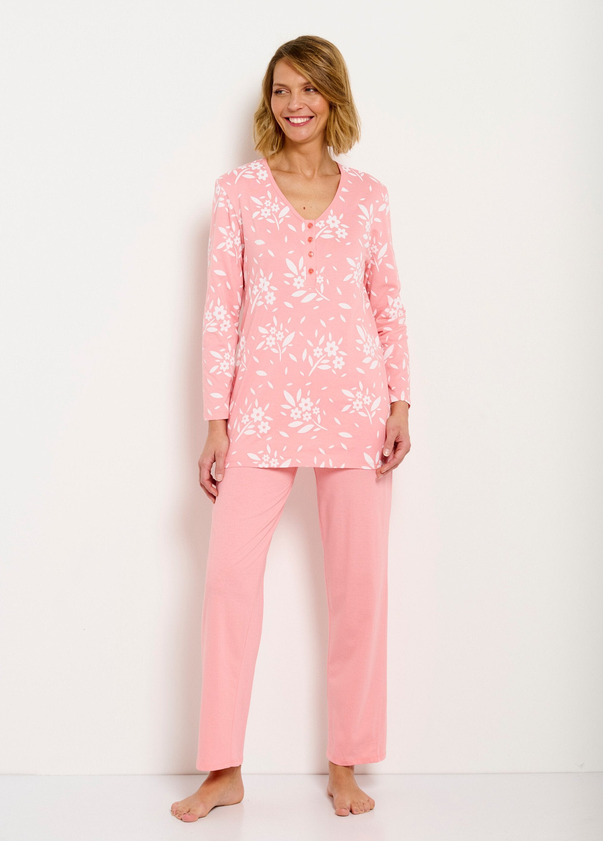 Buttoned_V-neck_cotton_long-sleeved_pajamas_Coral_FA1_slim