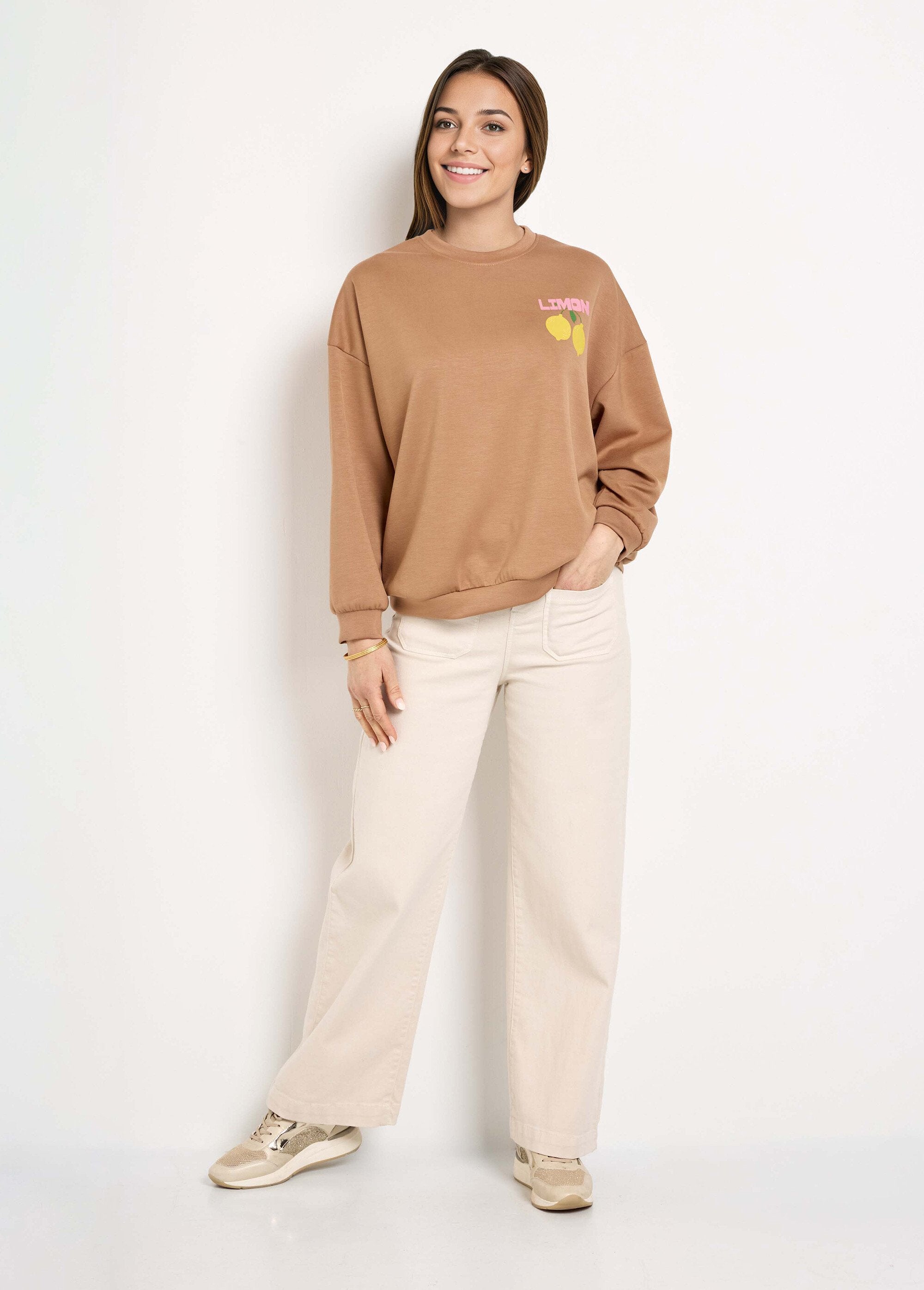 Round_neck_sweatshirt_with_orange_pattern_in_soft_knit_camel_SF1_slim