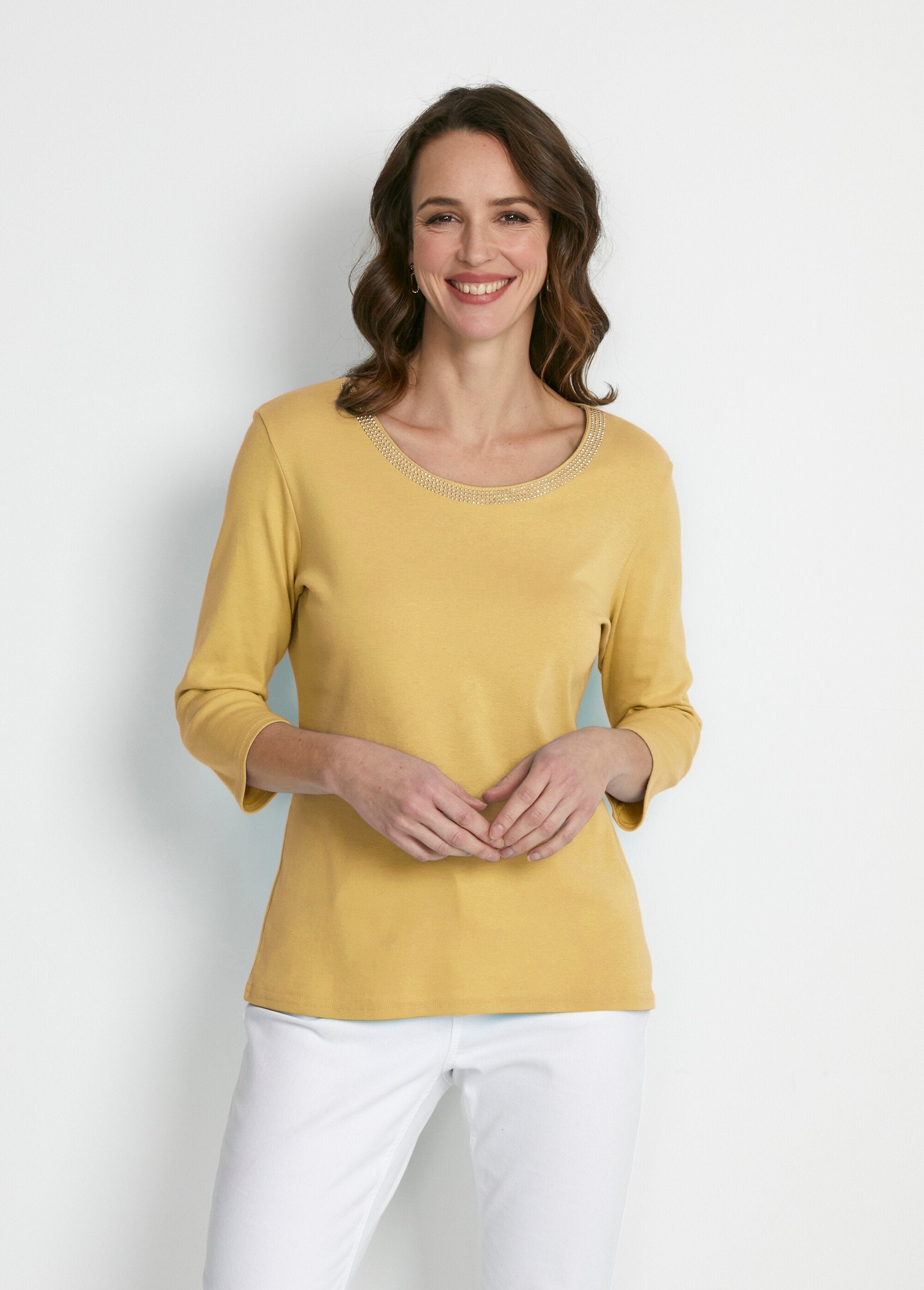 Fancy_studded_3/4_sleeve_T-shirt_YELLOW_FA1_slim