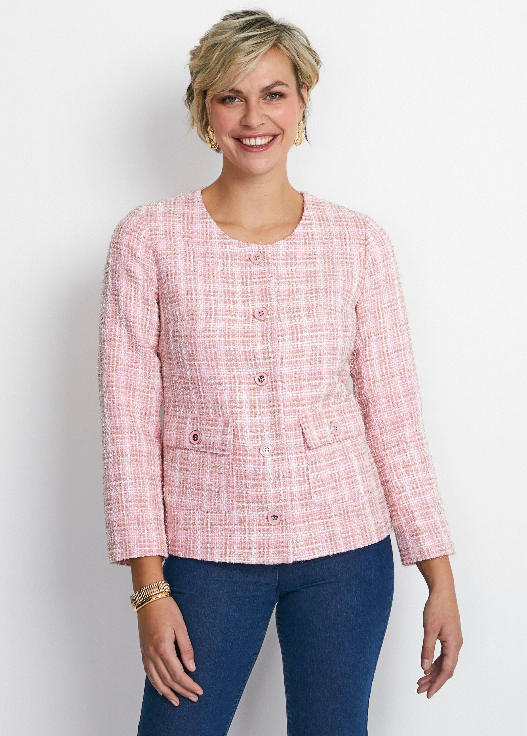 Collarless_short_jacket_in_tweed-effect_fabric_Pink_and_gold_FA1_slim